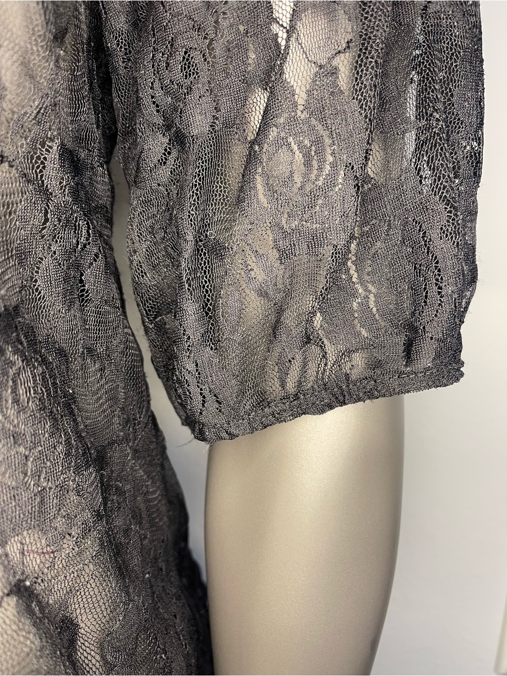 French Atmosphere Lace Top L Black Elastic Waist Sheer Puff Sleeve Peasant Sexy - Picture 7 of 13